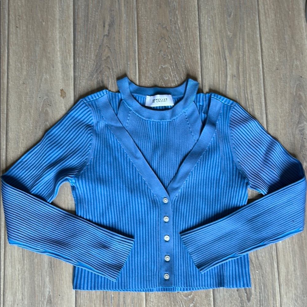 10 Crosby Derek Lam Blue Ribbed Cardigan with Build-in Tank